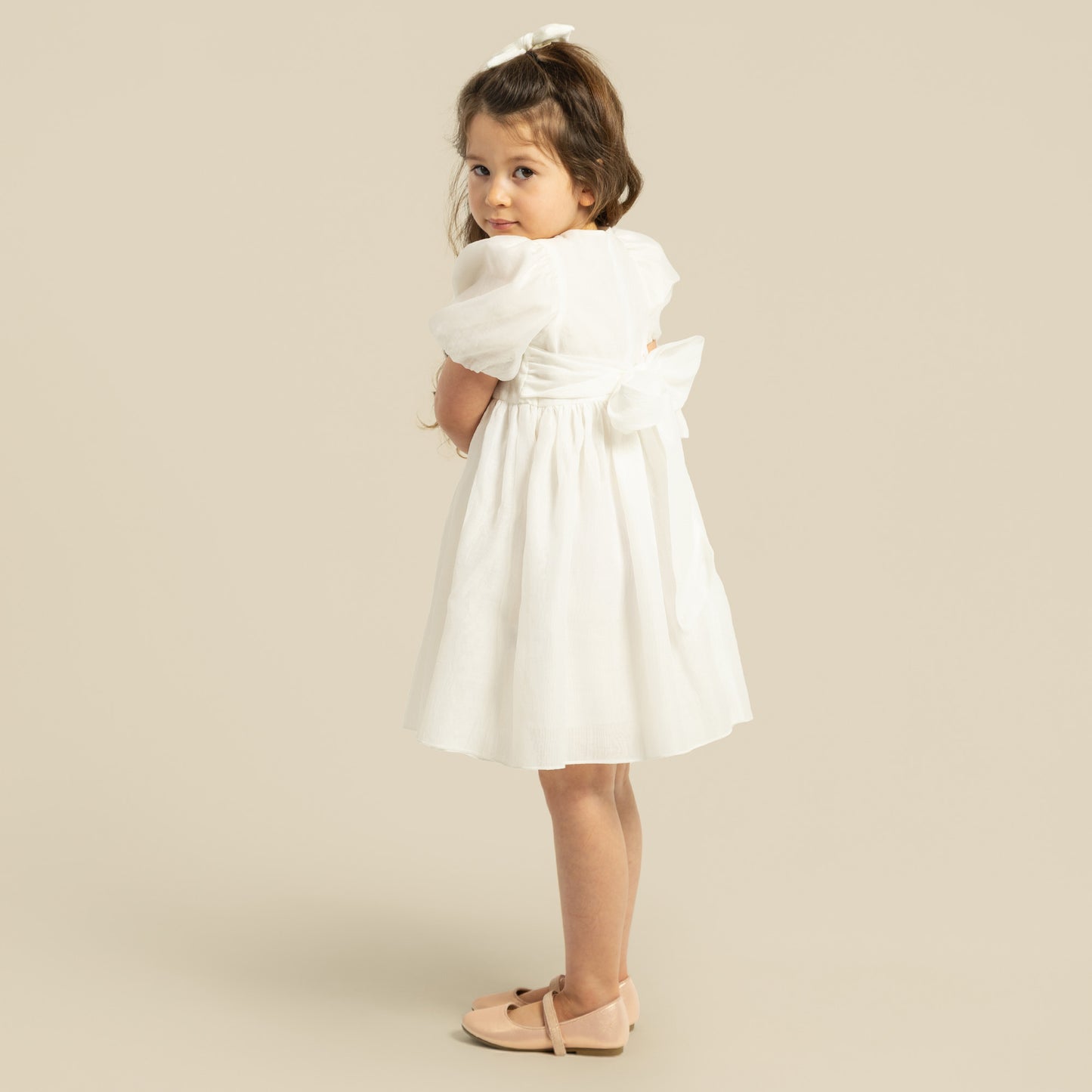 Designer Kidz | Noa Puff Sleeve Bow Back Dress | Ivory