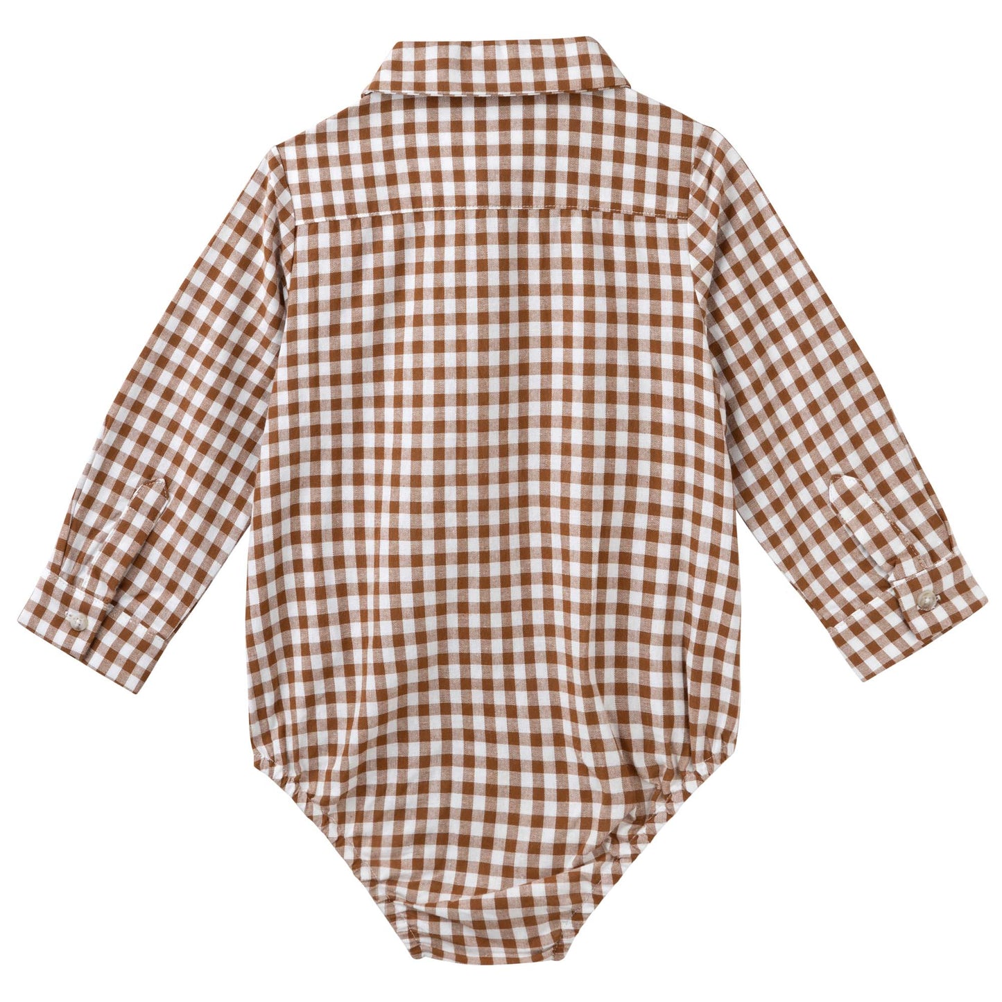 Designer Kidz | Oliver Long Sleeved Gingham Button Romper | Cocoa Gingham