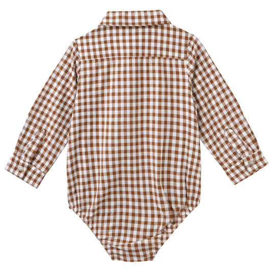 Designer Kidz | Oliver Long Sleeved Gingham Button Romper | Cocoa Gingham