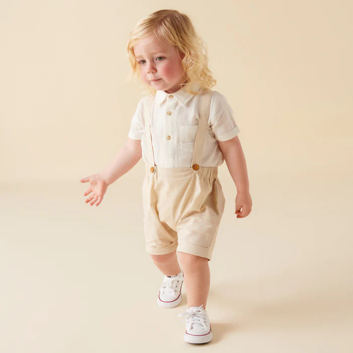 Designer Kidz | Finley Linen Suspender Shorts | Sand