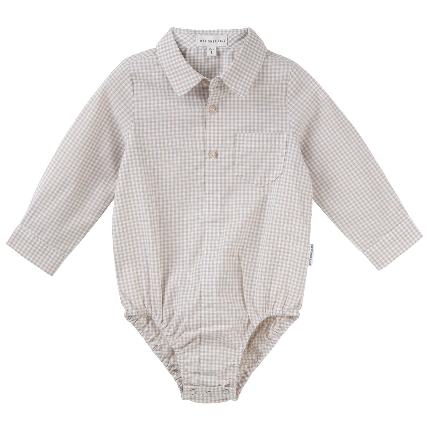 Designer Kidz | Oliver Long Sleeved Gingham Button Romper | Oat | Size 2
