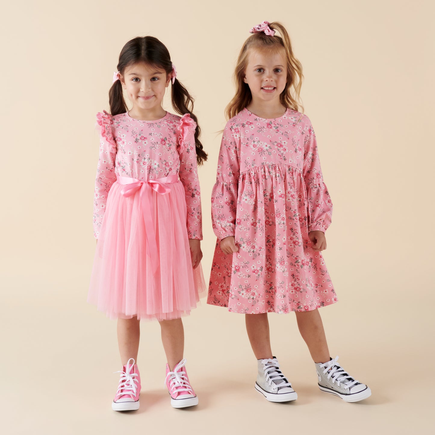 Designer Kidz | Millie Floral Long Sleeve Poodle Sleeve Dress | Pink