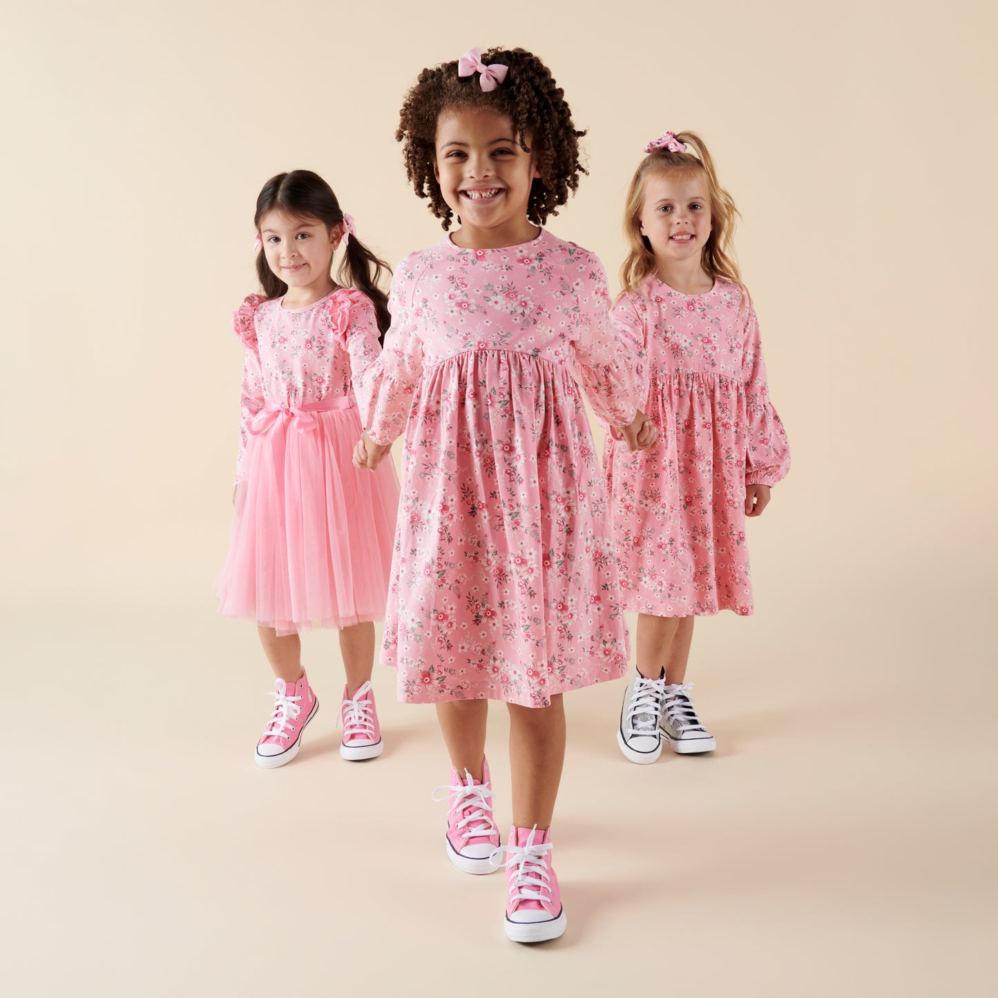 Designer Kidz | Millie Floral Long Sleeve Poodle Sleeve Dress | Pink