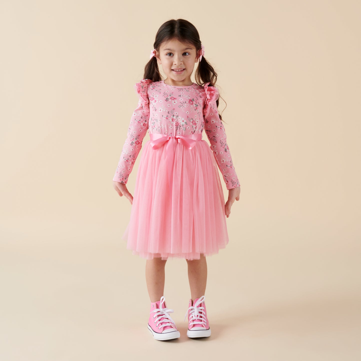 Designer Kidz | Millie Floral Long Sleeve Poodle Sleeve Dress | Pink
