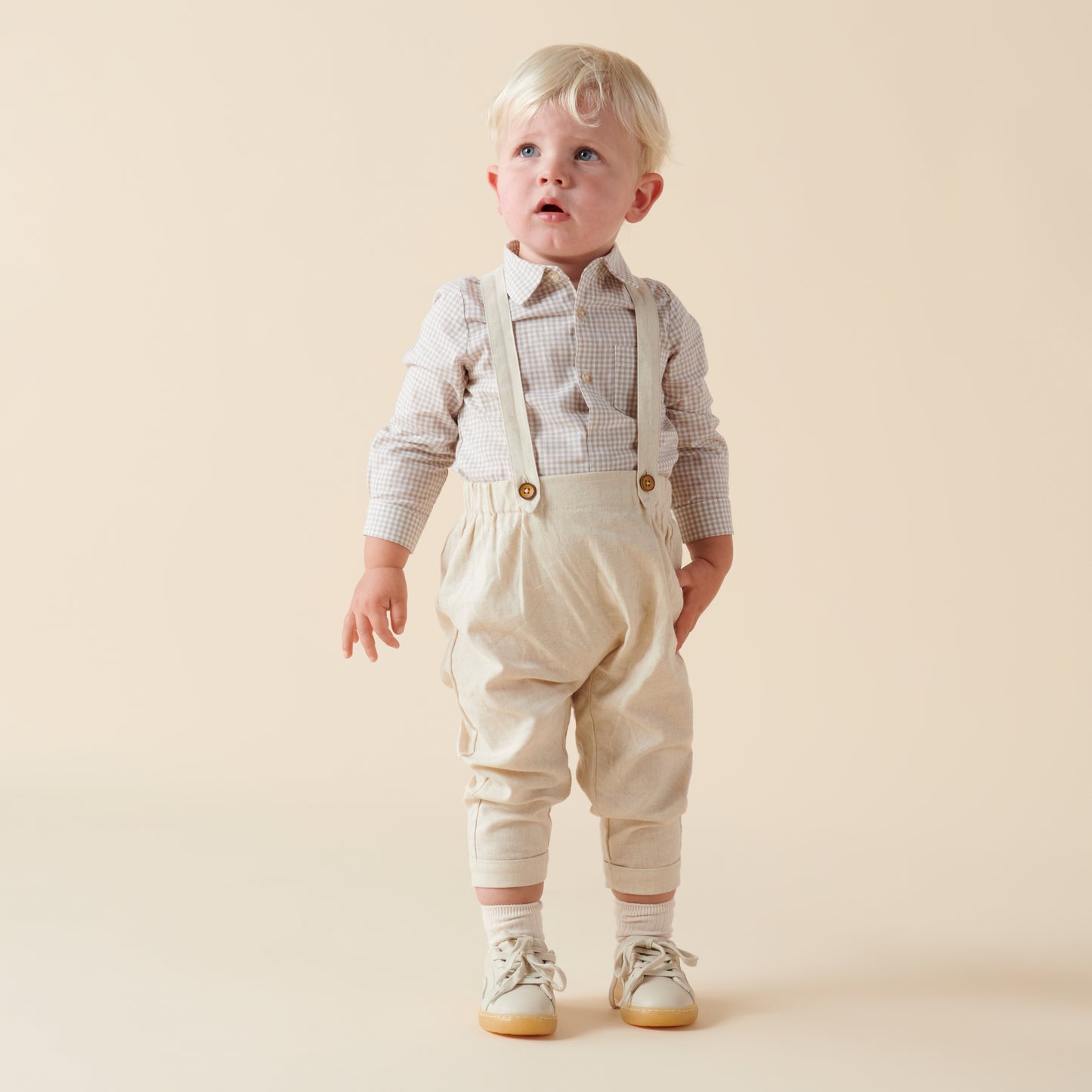 Designer Kidz | Finley Linen Suspender Pants | Sand