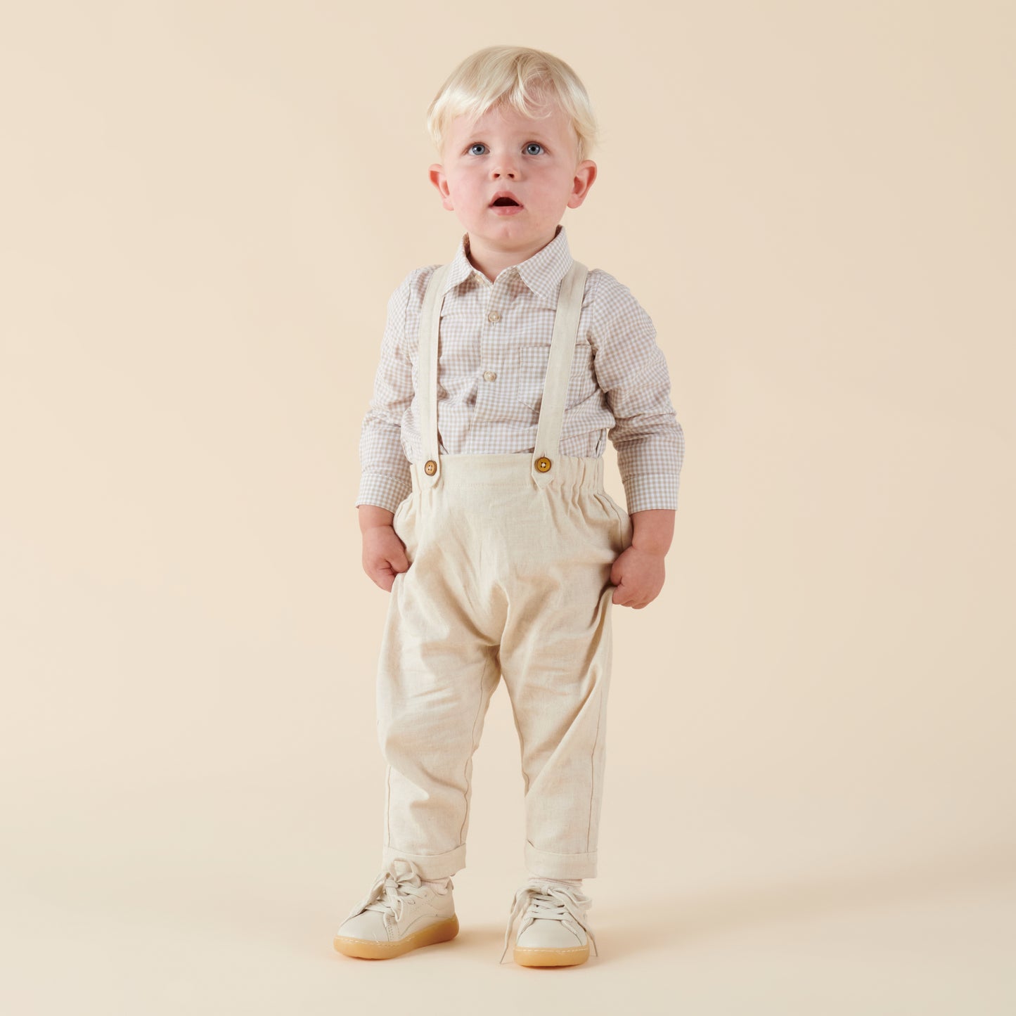 Designer Kidz | Oliver Long Sleeved Gingham Button Romper | Oat | Size 2