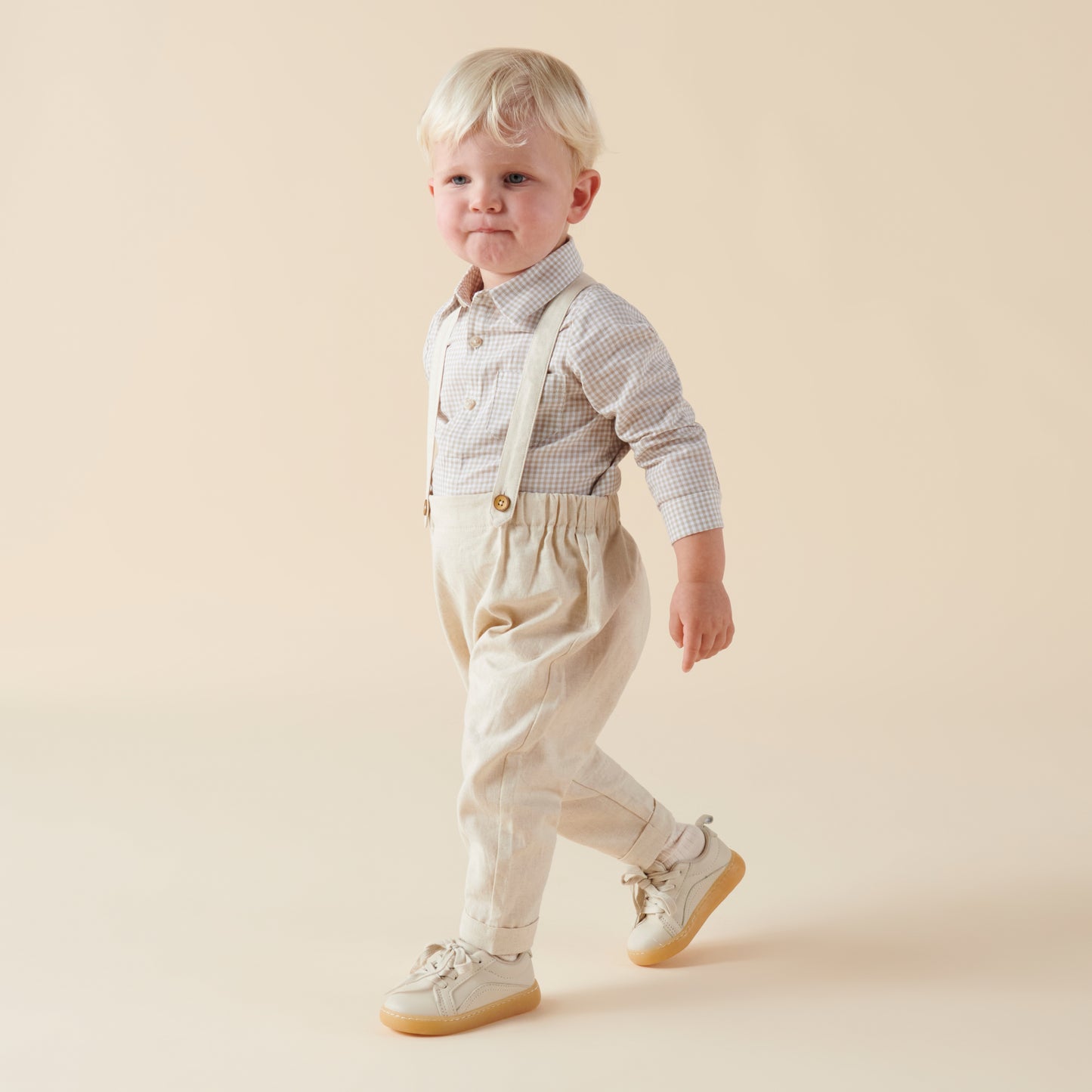 Designer Kidz | Oliver Long Sleeved Gingham Button Romper | Oat | Size 2