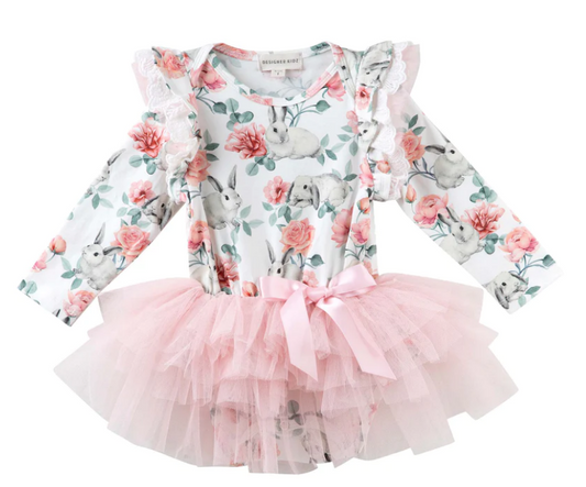 Designer Kidz | Bunny Floral Long Sleeve | Romper Tutu | Soft Pink | Size 6-12M