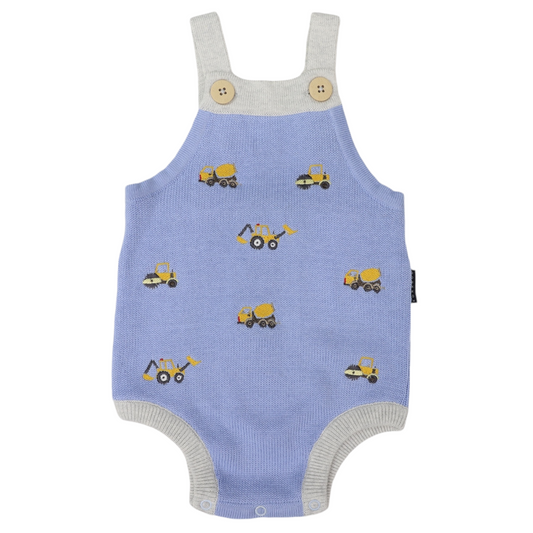 Korango |  Trucks and Diggers Embroidered Knit Sunsuit | Blue