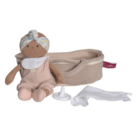 Rheya, Carry Cot, Knitted with Baby, Soother and Blanket - Dark Skin Doll