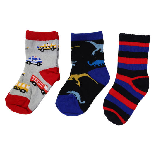 Korango | 3 Pack Socks | Cars, Dinosaur and stripes