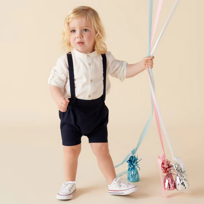 Designer Kidz | Finley Linen Suspender Shorts | Navy