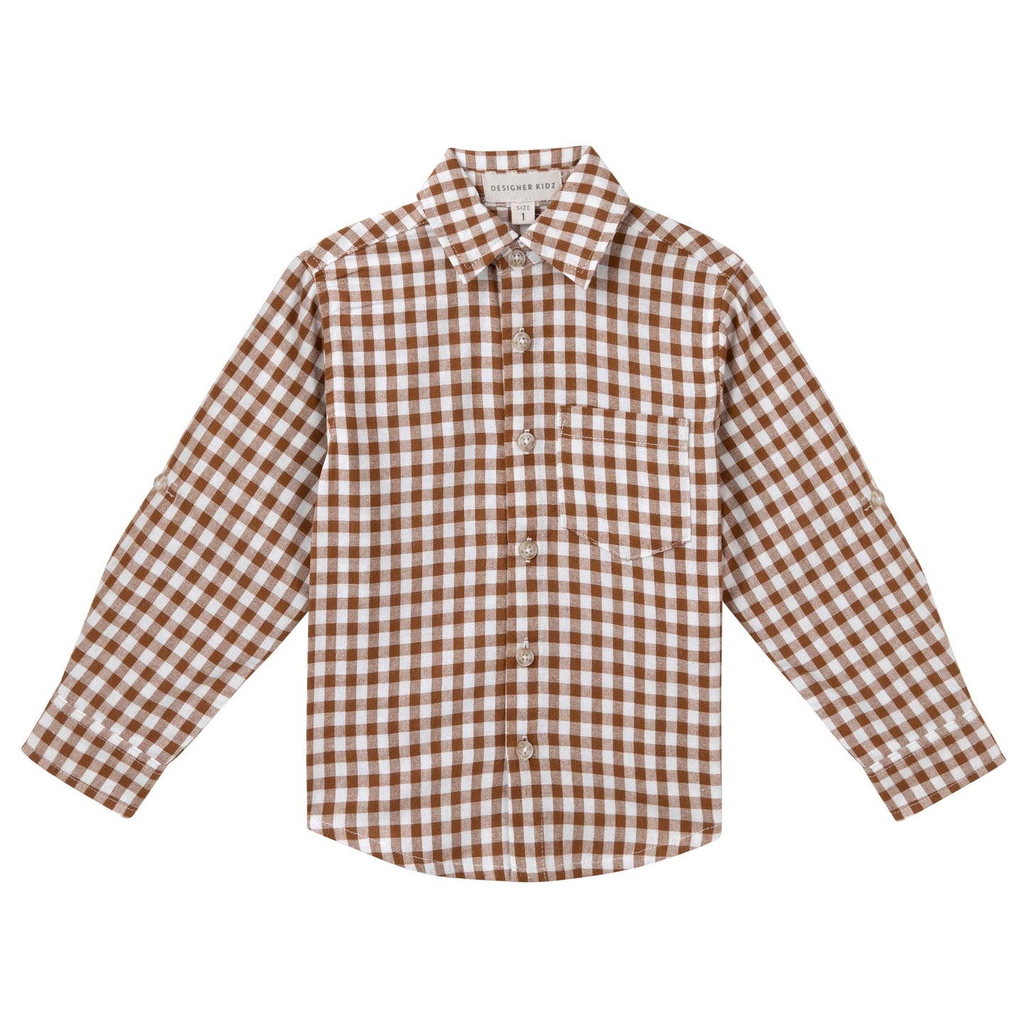 Designer Kidz | Oliver Long Sleeved Gingham Button Shirt | Cocoa Gingham