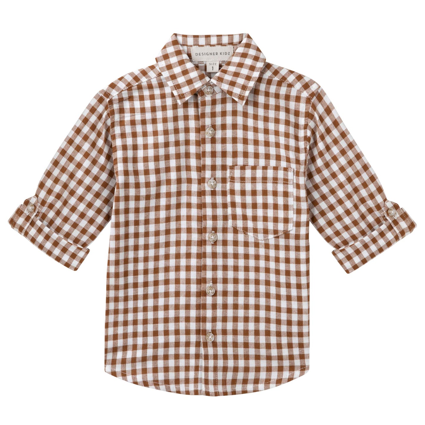 Designer Kidz | Oliver Long Sleeved Gingham Button Shirt | Cocoa Gingham