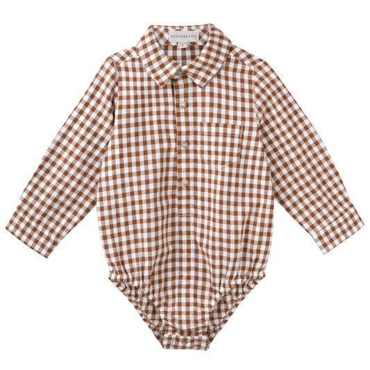 Designer Kidz | Oliver Long Sleeved Gingham Button Romper | Cocoa Gingham