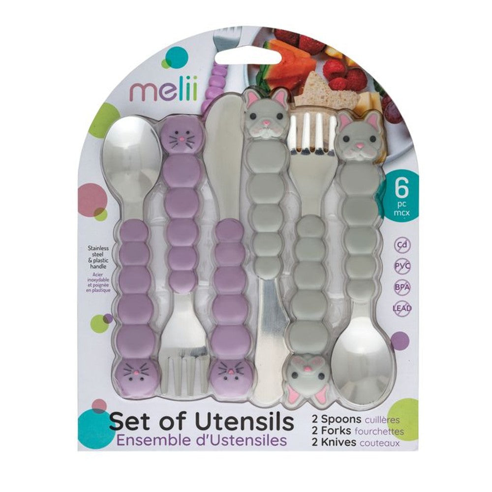 Melii Utensil Set Cat & Bulldog 6 PC - Purple + Grey