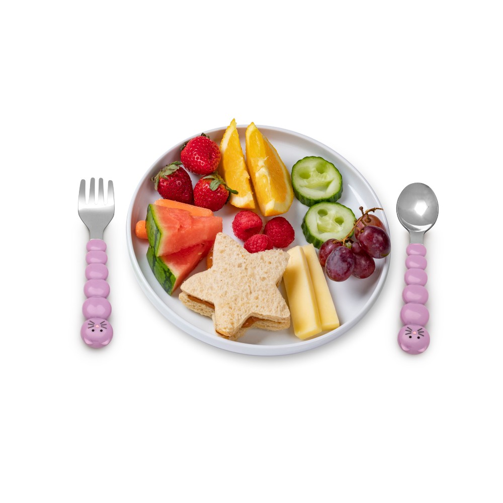 Melii Utensil Set Cat & Bulldog 6 PC - Purple + Grey