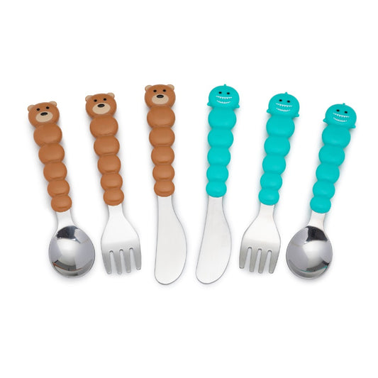 Melii Utensil Set Bear & Shark 6 PC - Brown + Blue