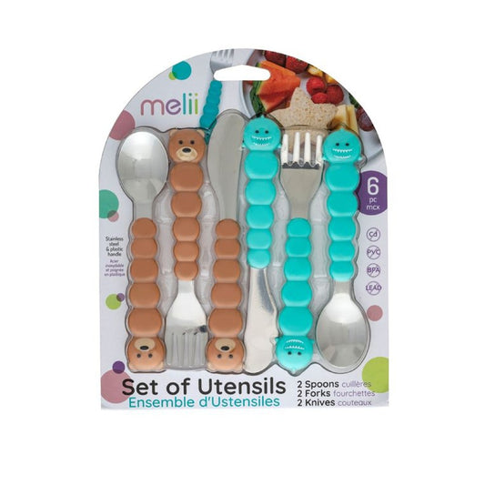 Melii Utensil Set Bear & Shark 6 PC - Brown + Blue