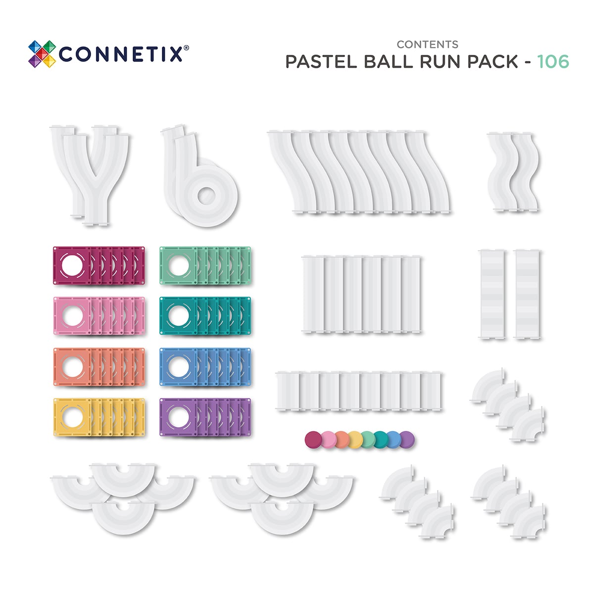 Connetix | Magnetic Tiles | Pastel Ball Run Pack | 106 Pieces