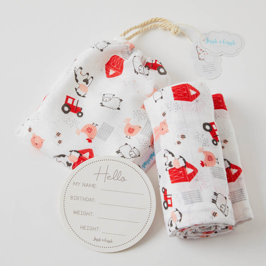 Jiggle & Giggle | Farm Animal Muslin Wrap and Milestone card