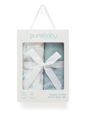 Purebaby | Organic Cotton 2 Pack Muslin Wrap | Eucalyptus Friends