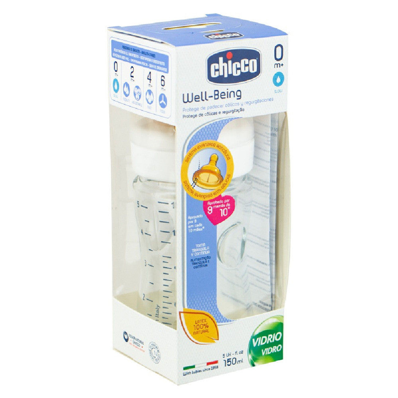 Chicco | Wellbeing 150ml Glass Bottle (0m+ Latex Teat)