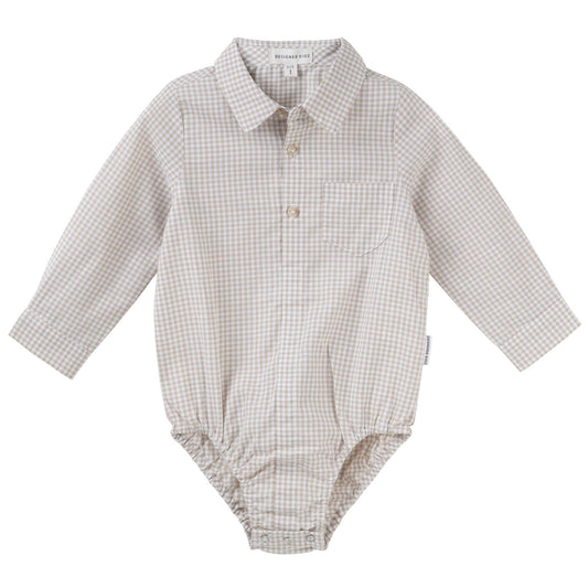 Designer Kidz | Oliver Long Sleeved Gingham Button Romper | Oat