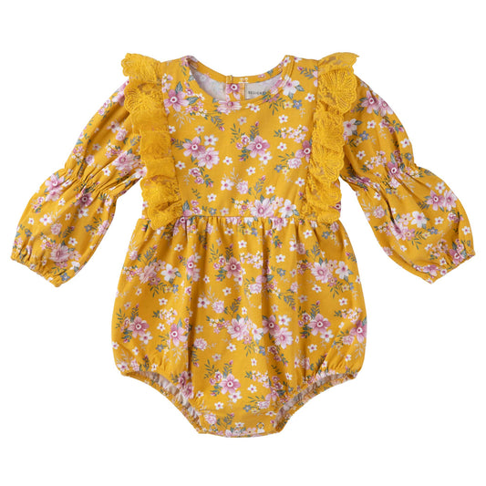 Designer Kidz | Millie Floral Long Sleeve Lace Romper | Honey Gold 3-6M