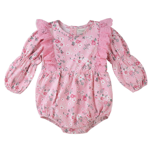 Designer Kidz | Millie Floral Long Sleeve Lace Romper | Pink