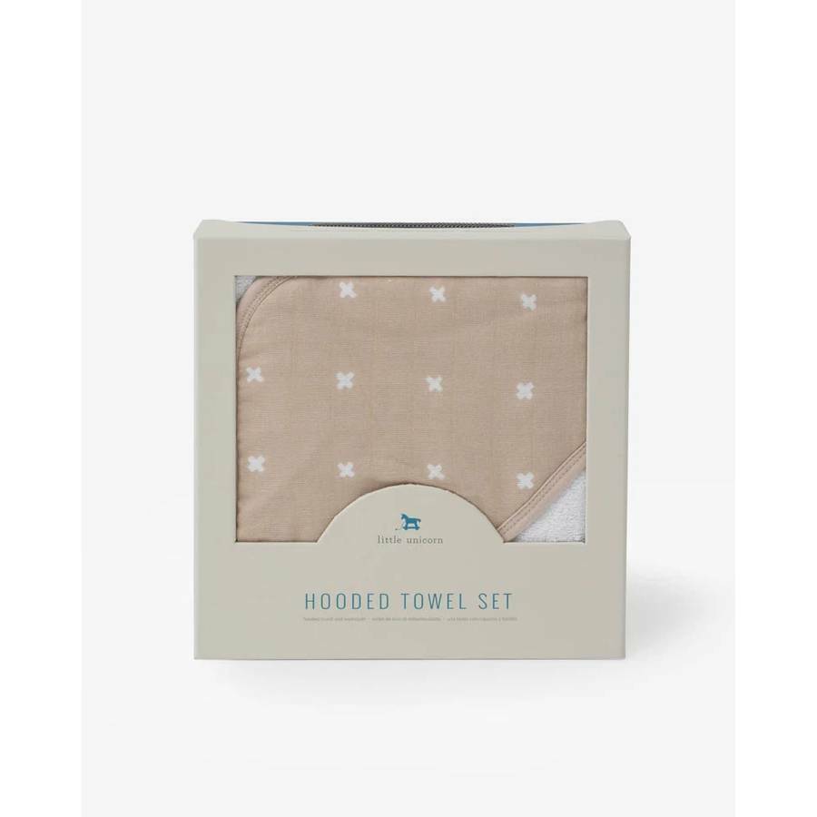 Little Unicorn | Hooded Towel + Wash Cloth | Taupe Cross