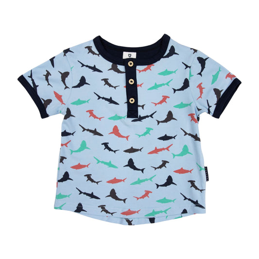 Korango | Shark Print Henley Tee | T-Shirt | Blue | 9-12M