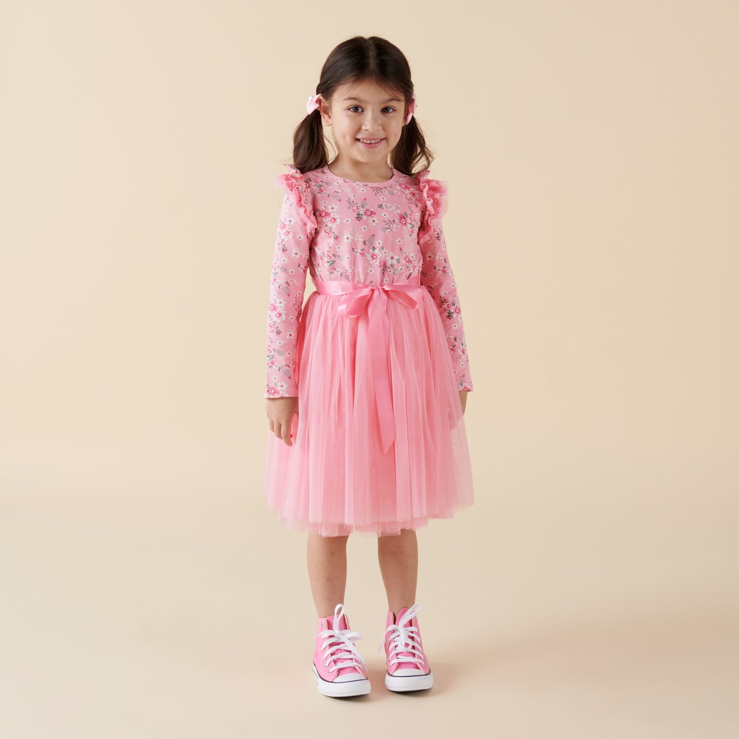 Designer Kidz | Millie Floral Long Sleeve Poodle Sleeve Dress | Pink