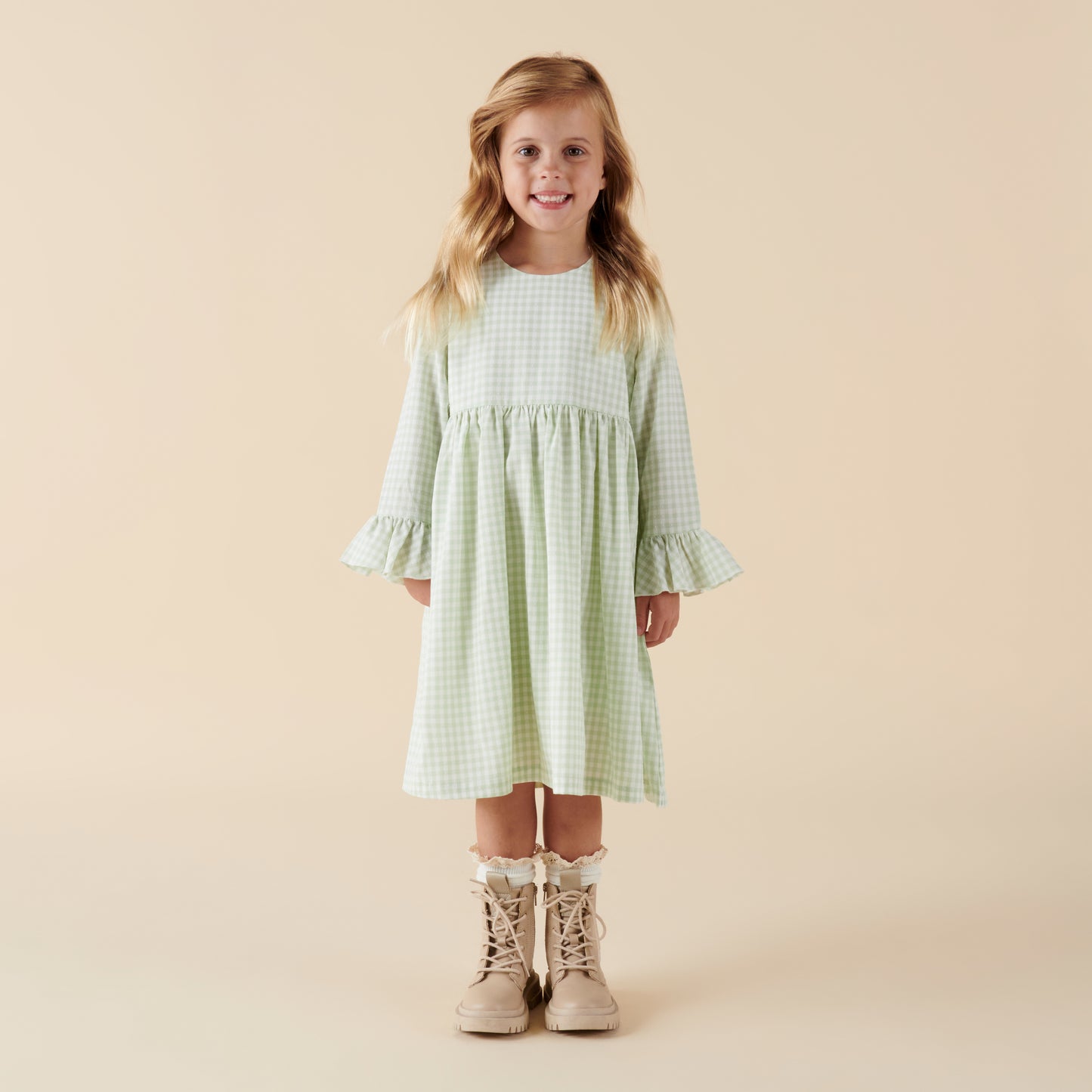 Designer Kidz | Isla Gingham Long Sleeve Dress | Sage