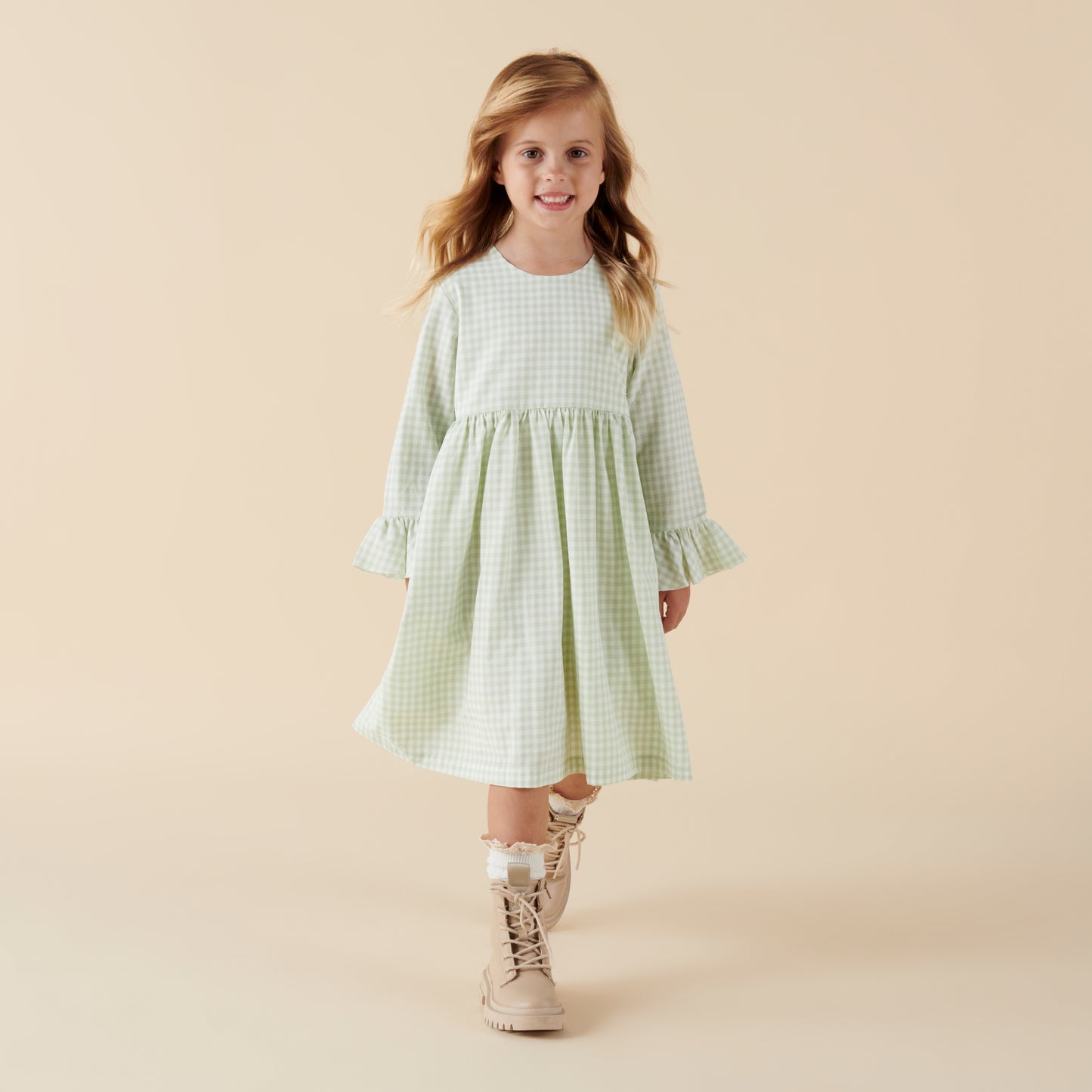 Designer Kidz | Isla Gingham Long Sleeve Dress | Sage