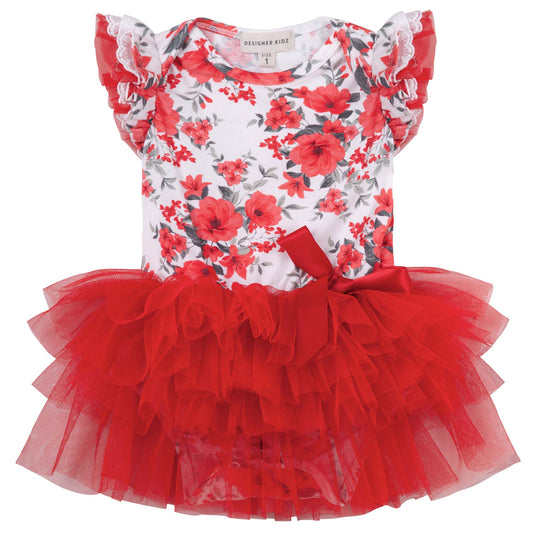 Designer Kidz | Camilla Floral Short Sleeved Tutu Romper | Red