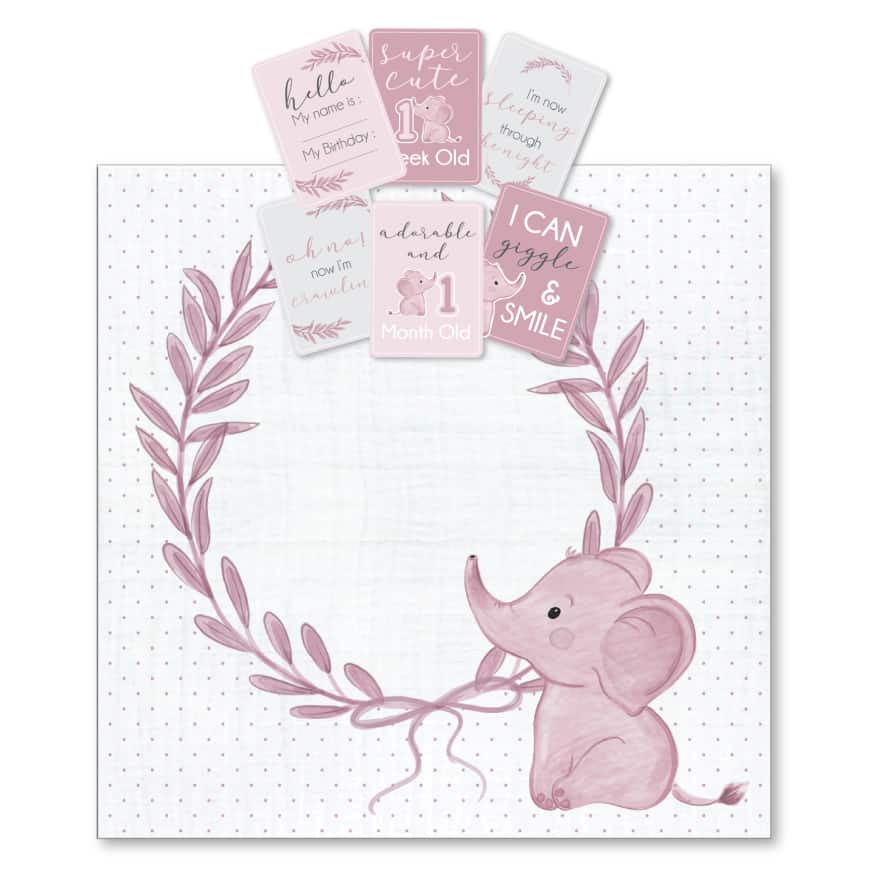 Pink Elephant Milestone Muslin Set in Gift Box