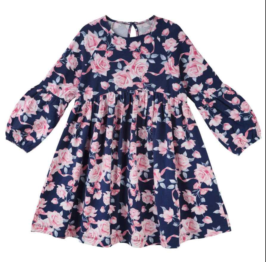 Designer Kidz | Rose Bow |  Poodle Long Sleeve Dress | Navy