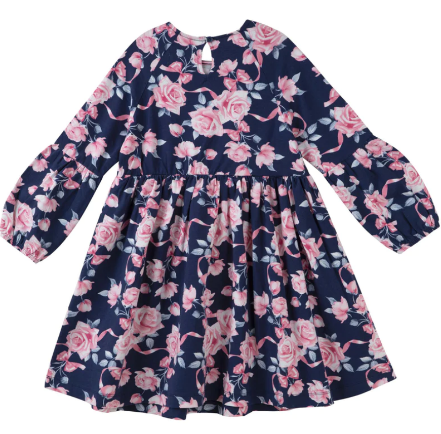 Designer Kidz | Rose Bow |  Poodle Long Sleeve Dress | Navy