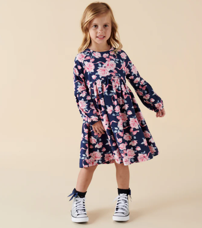 Designer Kidz | Rose Bow |  Poodle Long Sleeve Dress | Navy