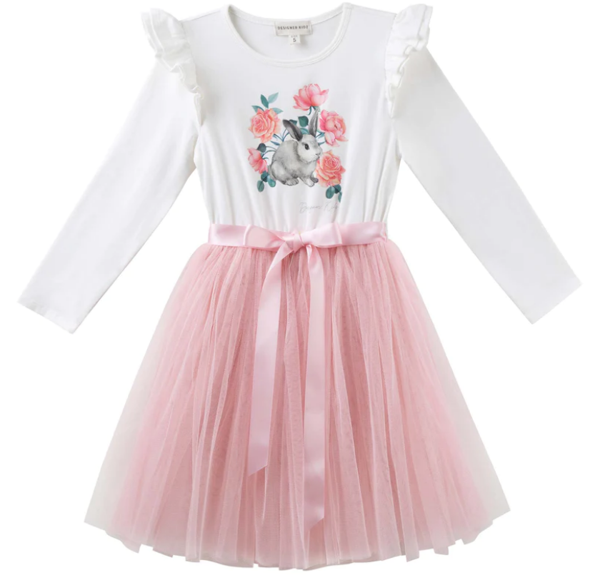 Designer Kidz | Bunny Floral Long Sleeve |  Layna Tutu Dress | Soft Pink