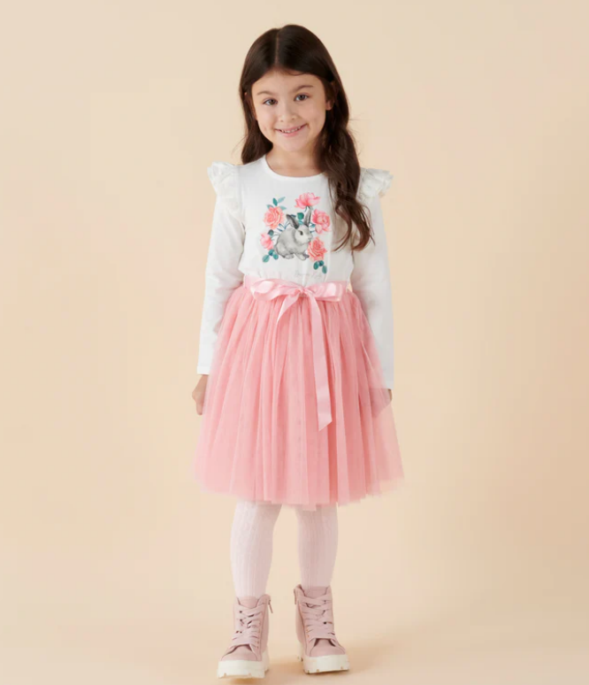 Designer Kidz | Bunny Floral Long Sleeve |  Layna Tutu Dress | Soft Pink