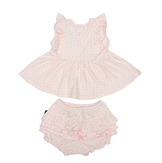 Korango | Gold Spot Frill Cotton Blouse & Bloomers | Pink and Gold Spot | Size 12-18M